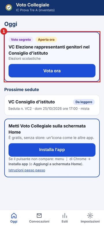 Schermata «Oggi» della web app Vota 360 (Voto Collegiale)