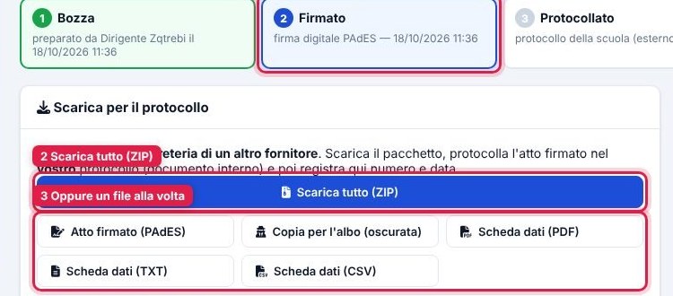 Scheda dell'atto con Scarica per il protocollo