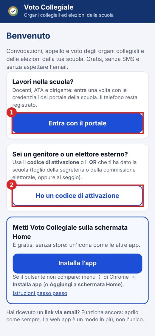 Pagina di benvenuto della web app